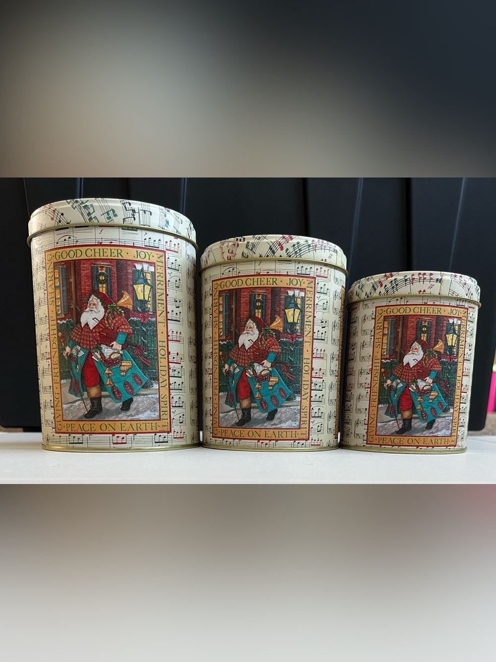 NaturalTrim Vintage Santa Christmas Metal Canister Set 3-Pc w/Lids, Musical Note
